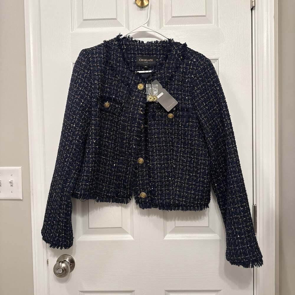 Choklate Paris Short Tweed and Gold Sequin Cropped Blazer Jacket in Navy